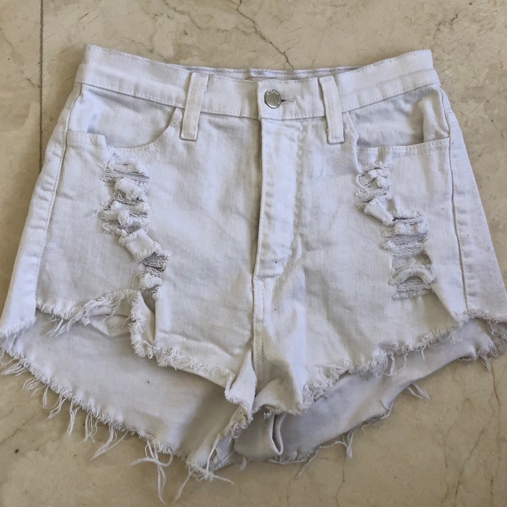 Off white distressed high waisted booty shorts